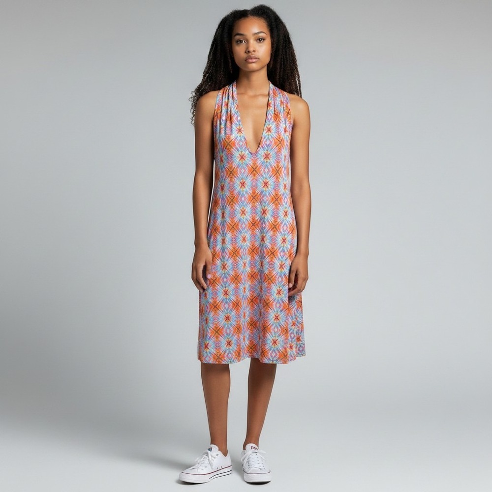 Viereck Orange Blue Geometric V-Neck Racerback Midi Dress Womens Medium